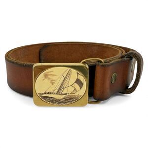 Vintage 1983 Barlow Solid Brass Scrimshaw Schooner Belt Buckle & Leather Belt 41
